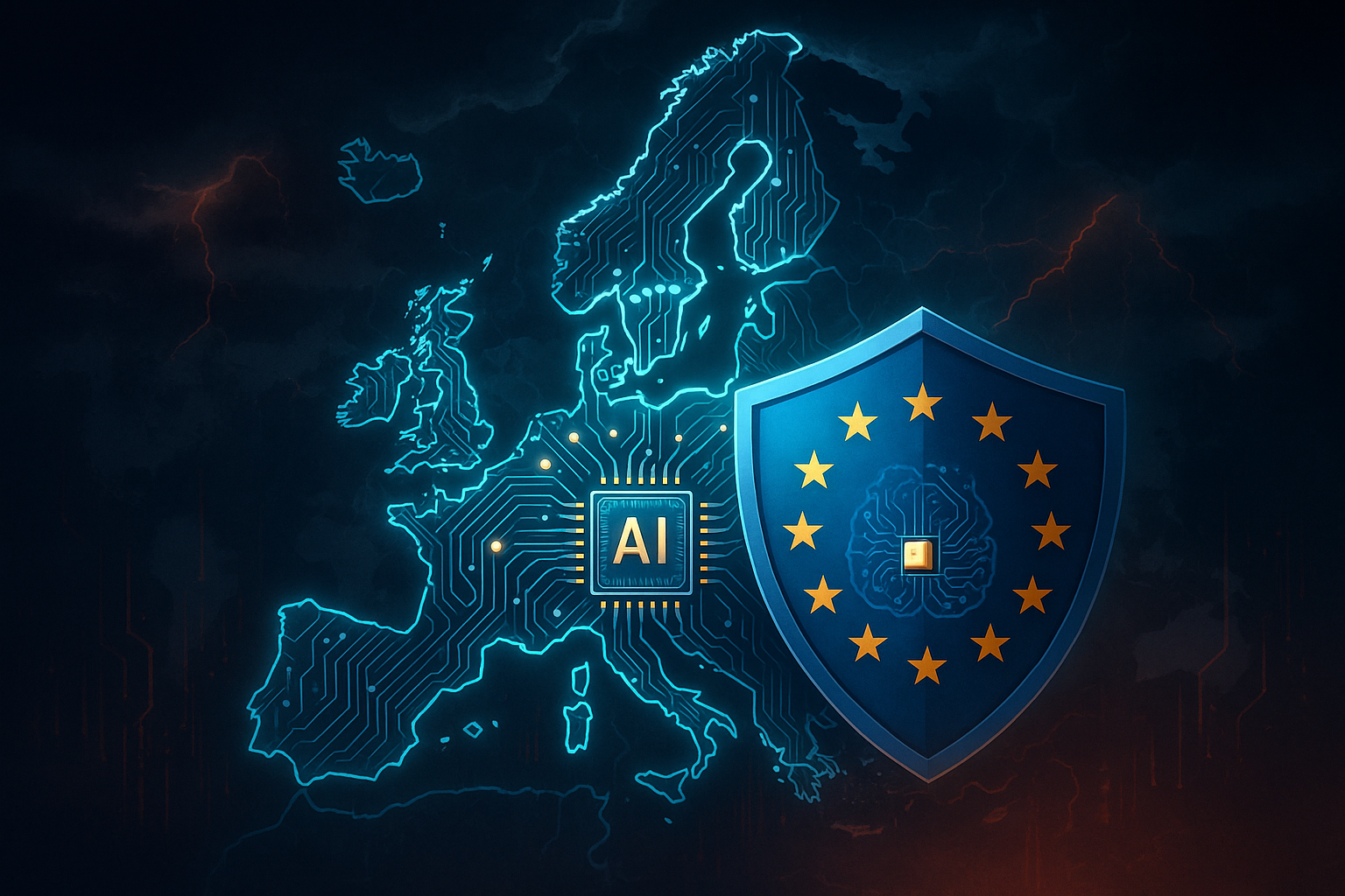 Digitales Symbolbild: Europa als Leiterplatte mit KI-Chip und EU-Schild – steht für resilientes KI-Risikomanagement in geopolitisch unsicheren Zeiten