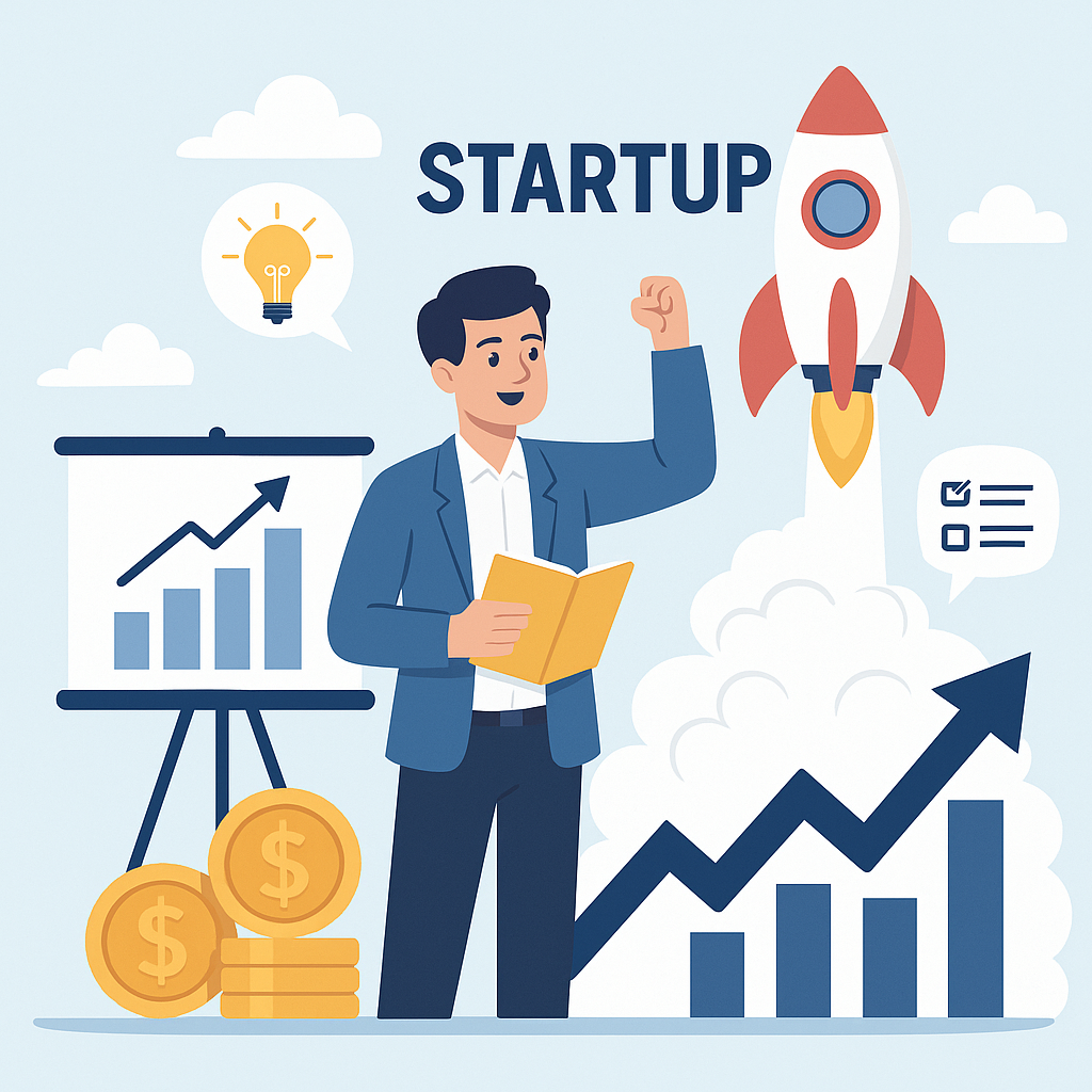Illustration eines Gründers mit Finanzsymbolen, Rakete und Wachstumsgrafik – symbolisiert den Start eines Startups mit Förderprogrammen in Deutschland.